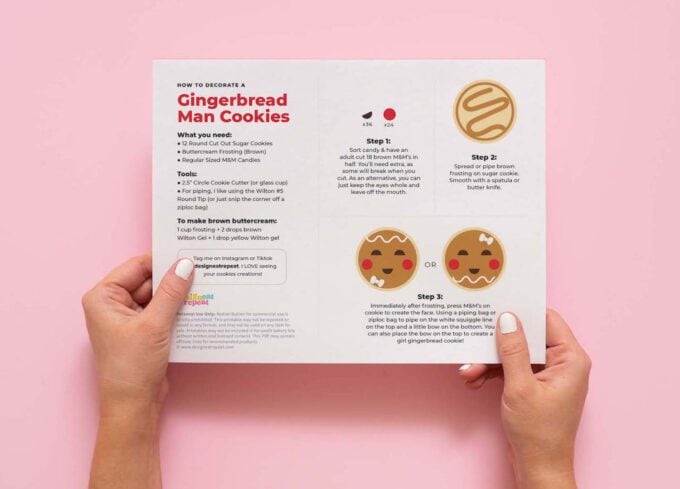 hands holding printable gingerbread man cookie instruction sheet printable