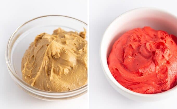 bowls of brown and red frosting