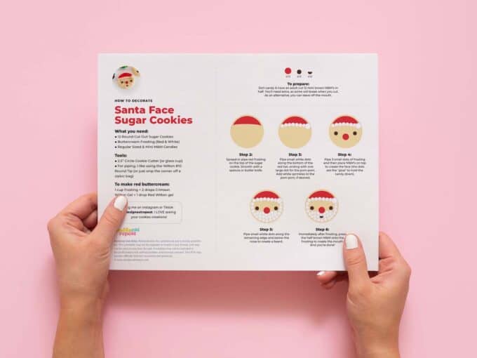 hands holding printable santa face sugar cookie decorating instructions