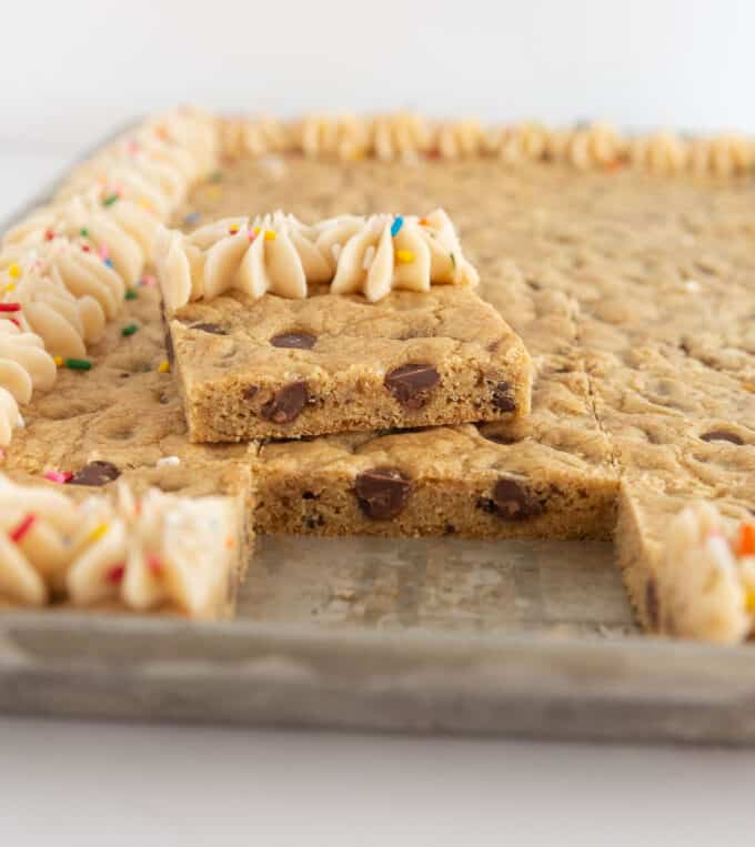 sheet pan cookie cake cut in square