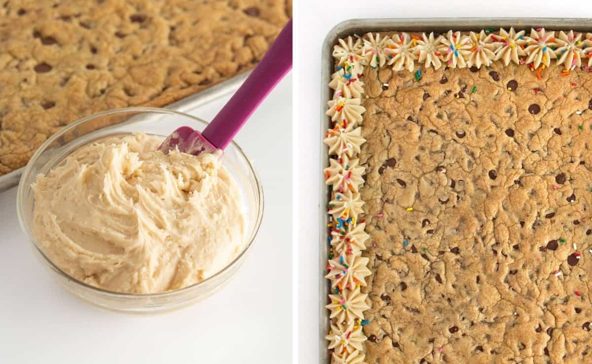 collage of bowl of frosting and finished frosting border on sheet pan cookie cake