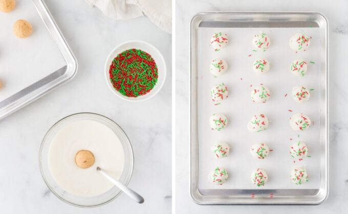 dipping sugar cookie truffle in white almond bark and topping with sprinkles
