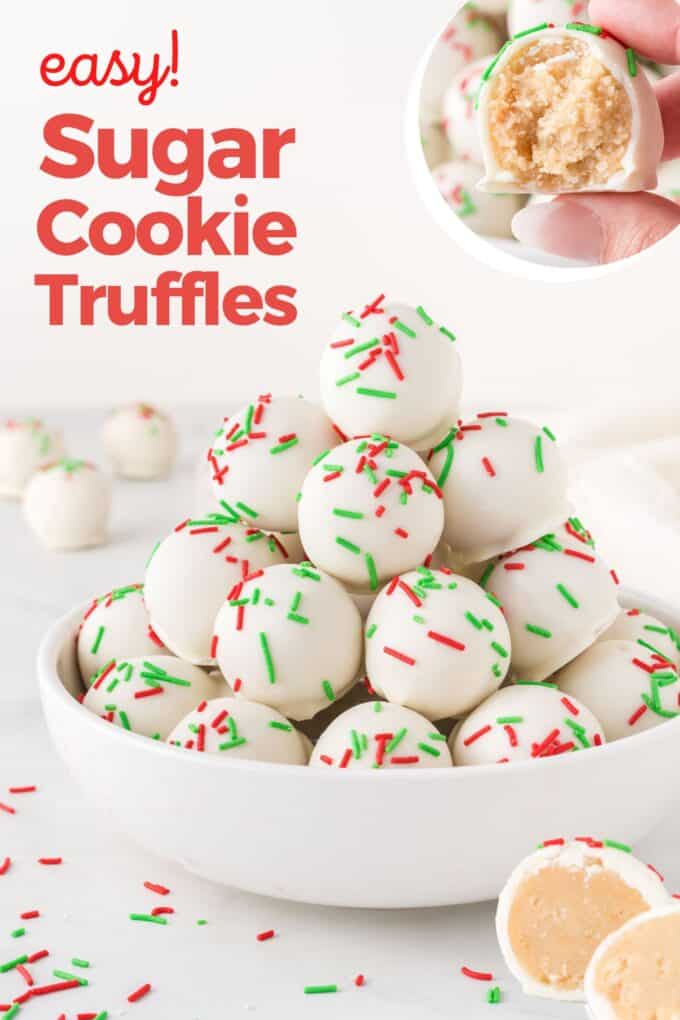 bowl of white chocolate sugar cookie truffles with red and green sprinkles