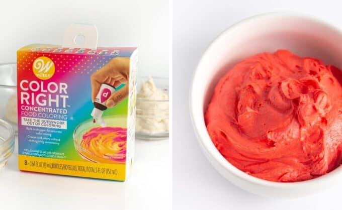 wilton color right food coloring set with bowl of red frosting