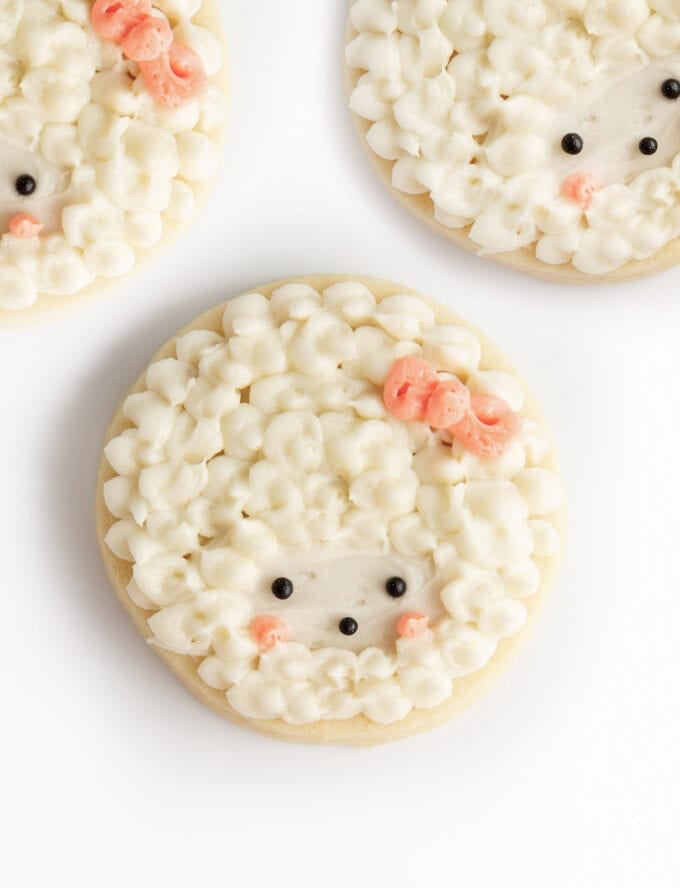 Circle sugar cookie decorated with white frosting and black pearl sprinkles to look like fluffy lamb