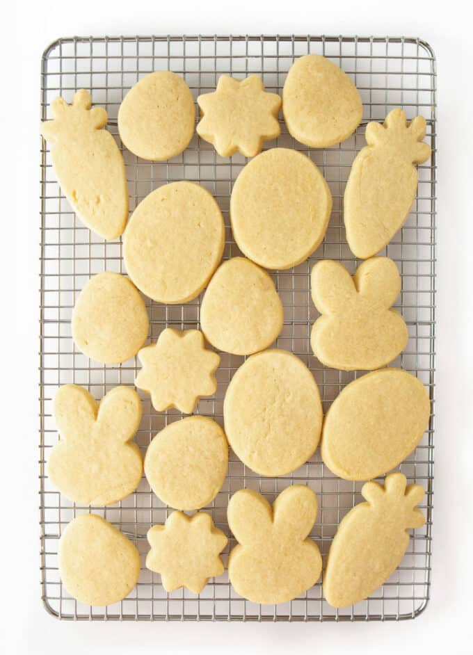 cooling rack with Easter shaped sugar cookies