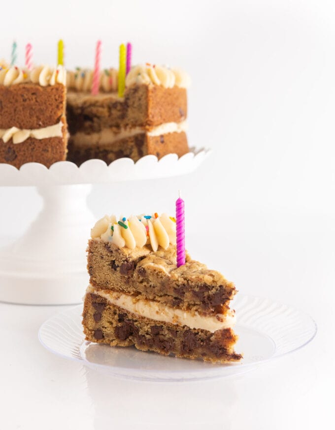 slice of double layer chocolate chip cookie cake