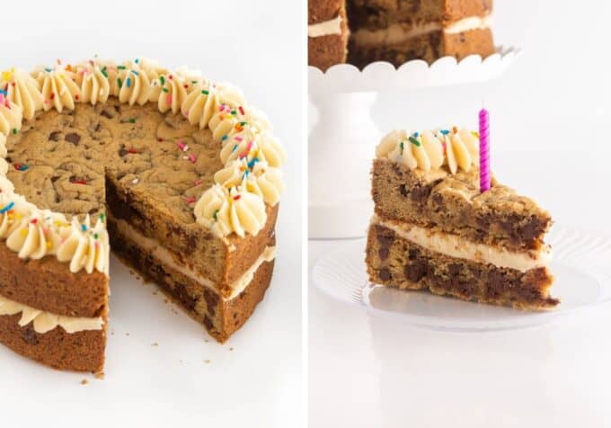 whole cake and slice of double layer chocolate chip cookie cake