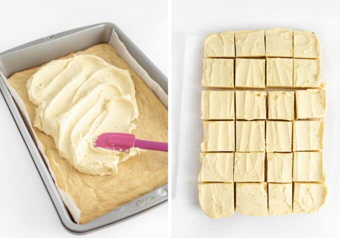 spreading lemon buttercream on pan of 9x13 lemon cookie bars and bars cut into 24 squares