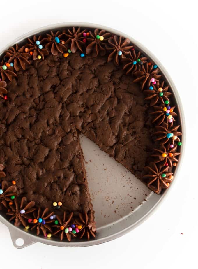 triple chocolate cookie cake with rainbow chip sprinkles
