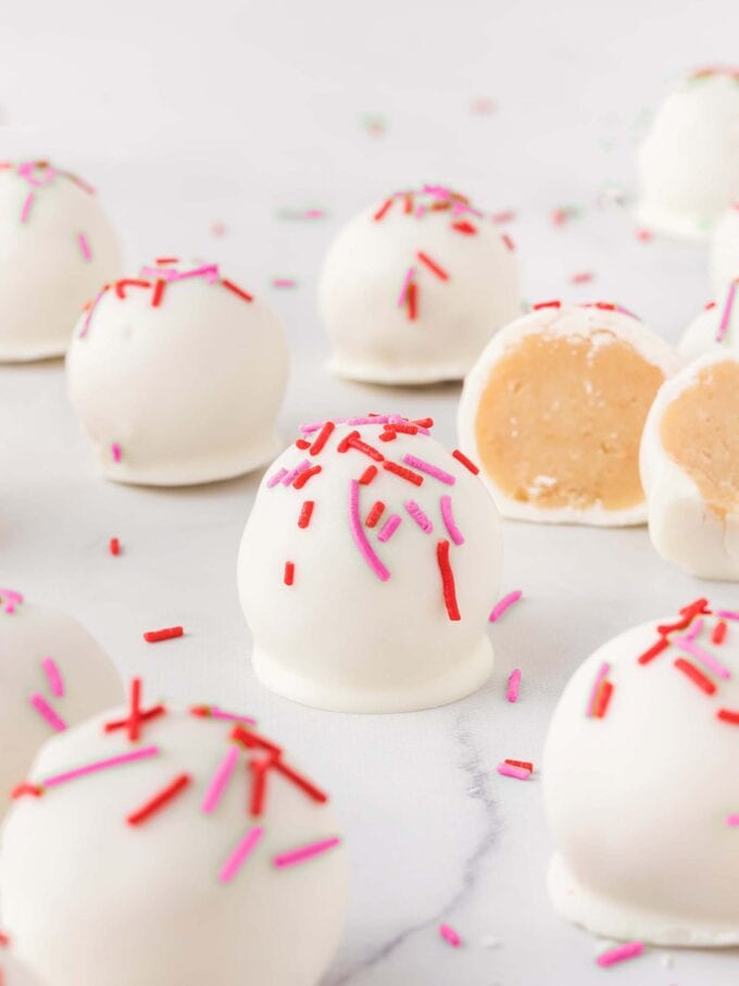 sugar cookie Valentine truffles with red and pink sprinkles