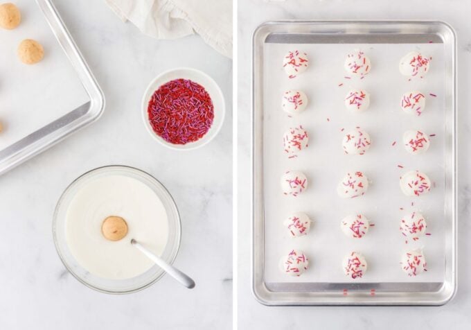 dipping sugar cookie Valentine truffles in white almond bark and topping with red and pink sprinkles