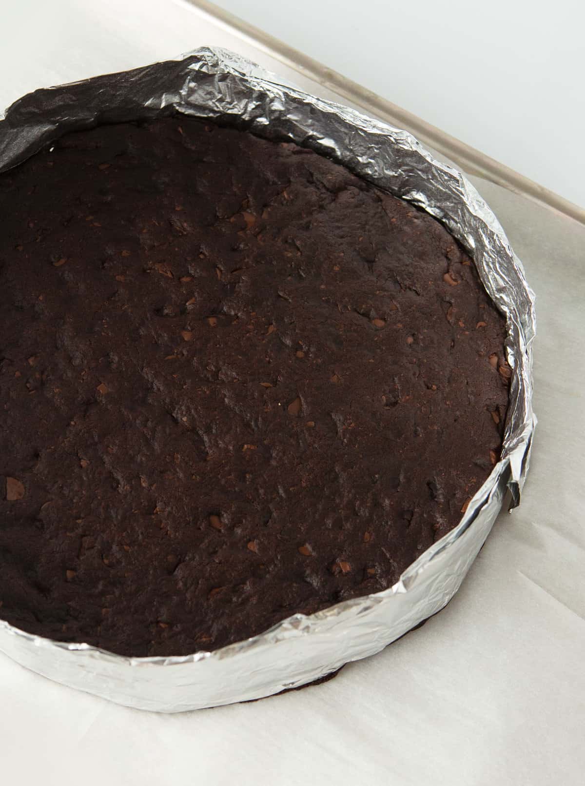 thin mint cookie cake baked in DIY foil ring
