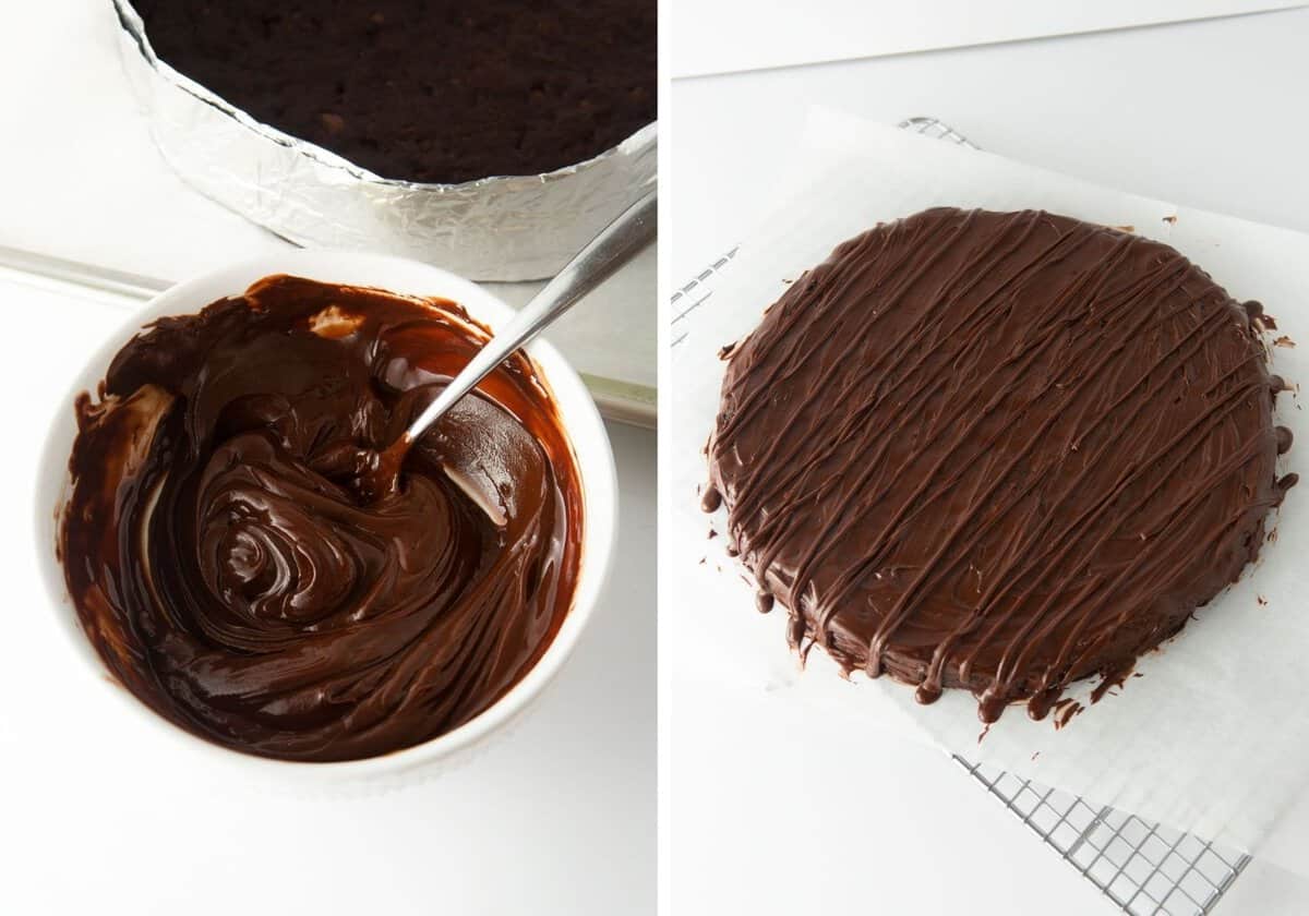 bowl of chocolate topping drizzled on top of thin mint cookie cake