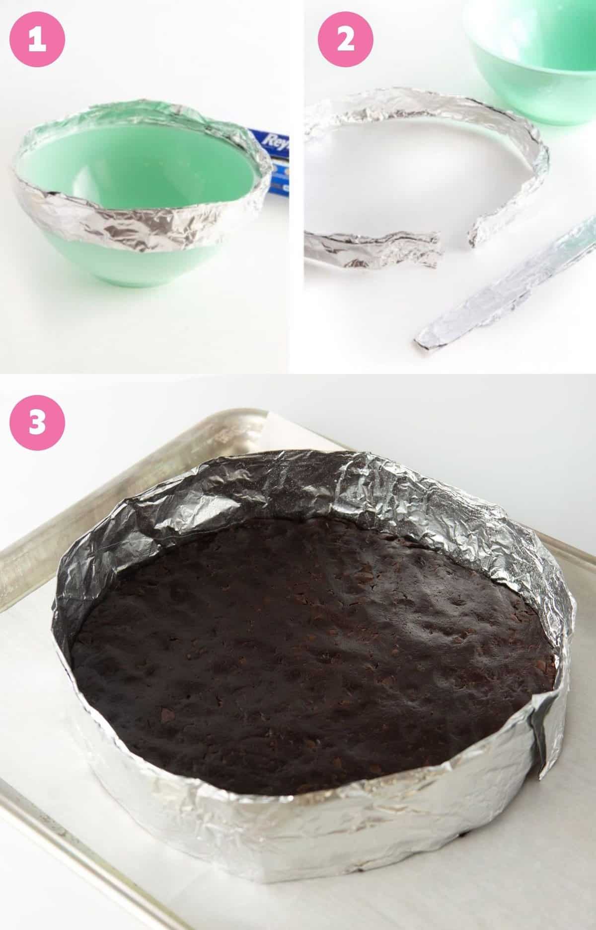 collage of how to make DIY foil ring for cookie cake