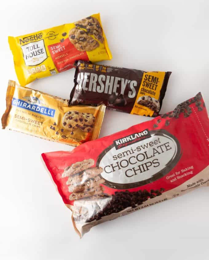 4 bags of chocolate chips from different brands
