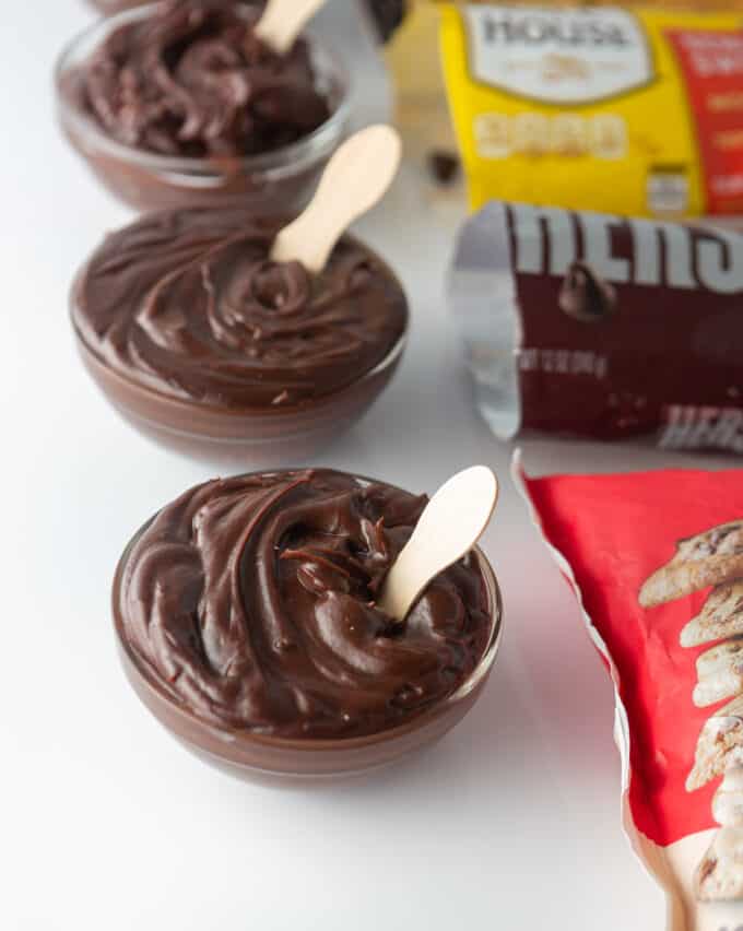 Bowls of chocolate ganache made with different brands of chocolate