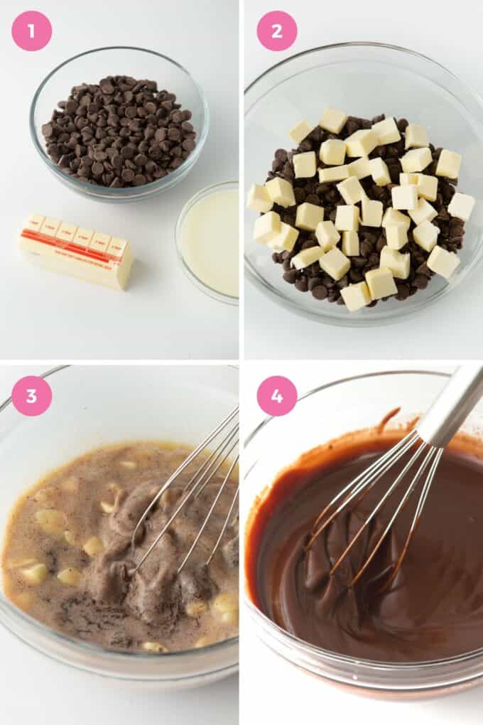 4 photos showing process of making chocolate ganache with milk and butter