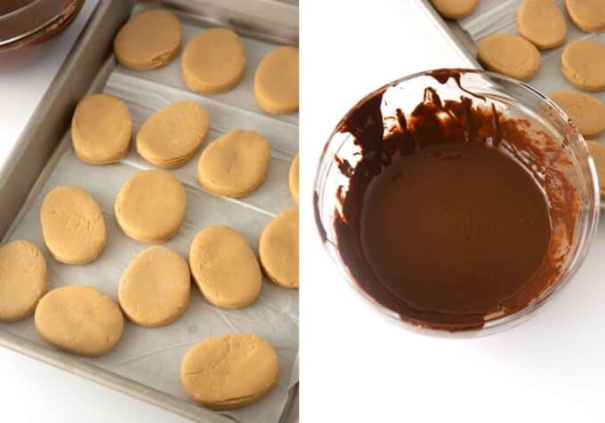 tray of homemade peanut butter eggs next to bowl of melted chocolate