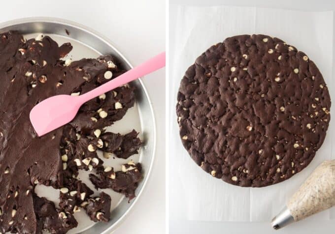 Photo showing Oreo cookie dough in cookie cake pan, alongside a baked Oreo pizza cookie