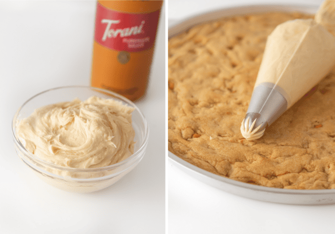 Collage of bowl of vanilla frosting and large star piping tip