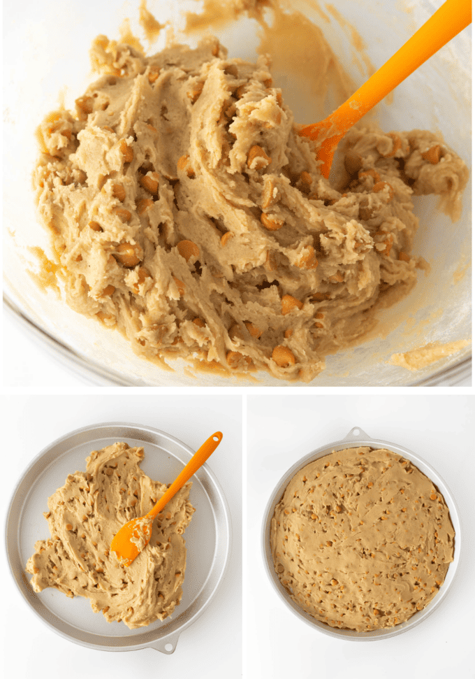 Collage of butterscotch cookie dough in bowl and being pressed in round cookie cake pan 