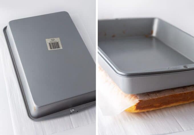 Side by side photos showing the cake pan flipped, and then set on top of cake to flatten it