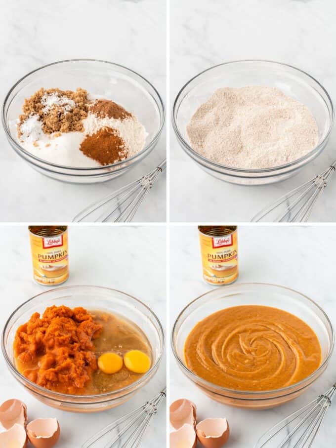 4 images depicting a glass bowl with pumpkin bread ingredients in 4 different stages. 