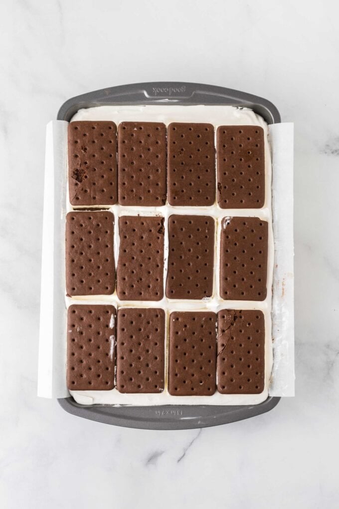 Overhead view of ice cream sandwich cake before adding toppings