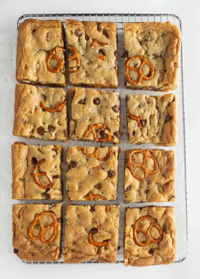 kitchen sink cookie bars cut into 12 squares