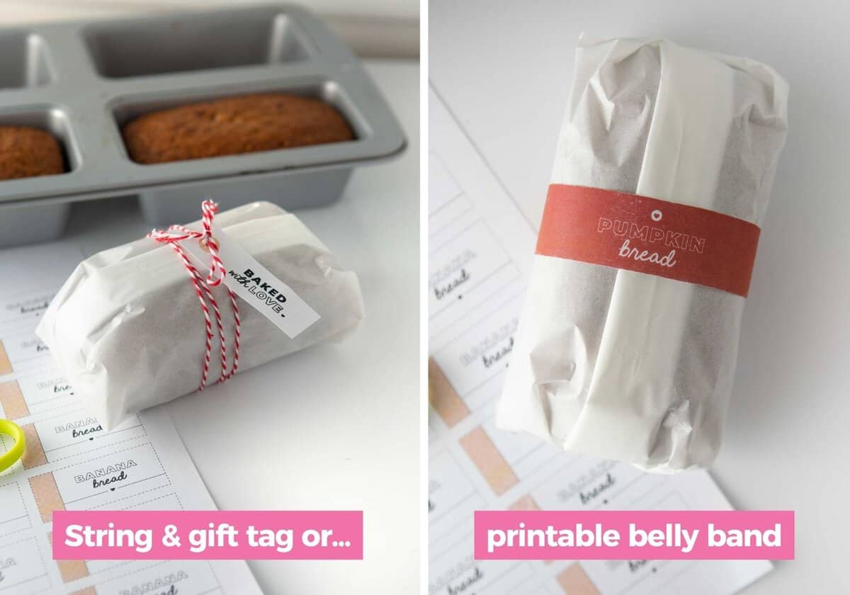 how to wrap banana bread in parchment with gift tag or belly band