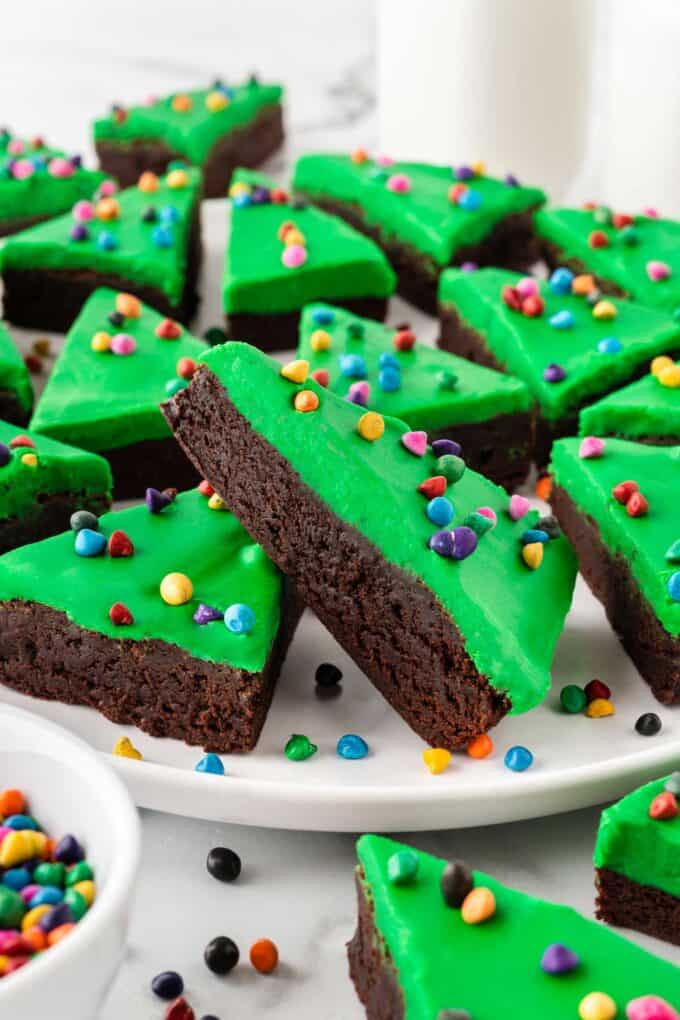 plate of green triangle Little Debbie cosmic Christmas tree brownies