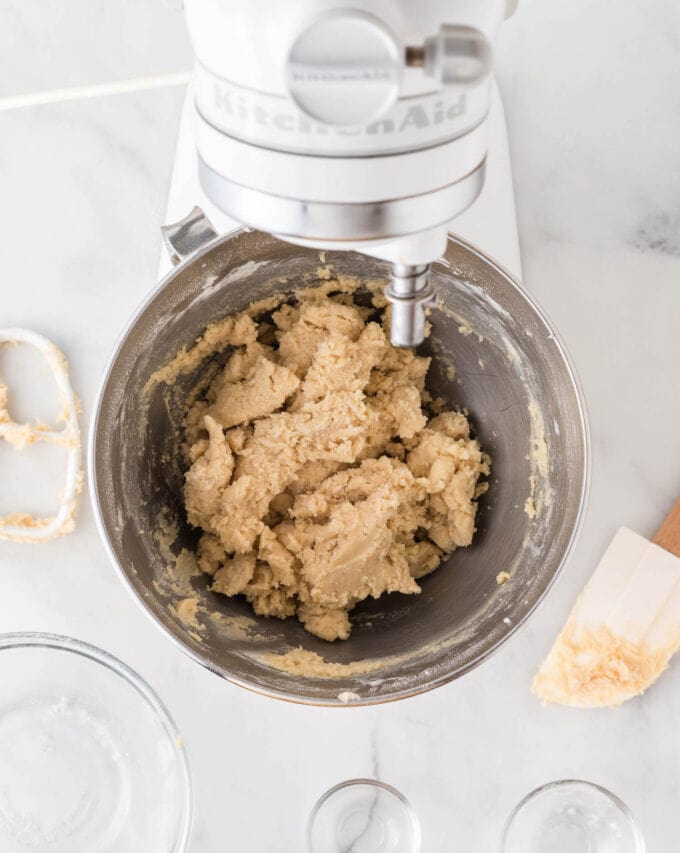 sugar cookie dough in white kitchenaid mixer bowl