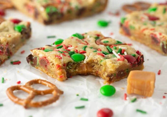 m&m christmas cookie bars with bite