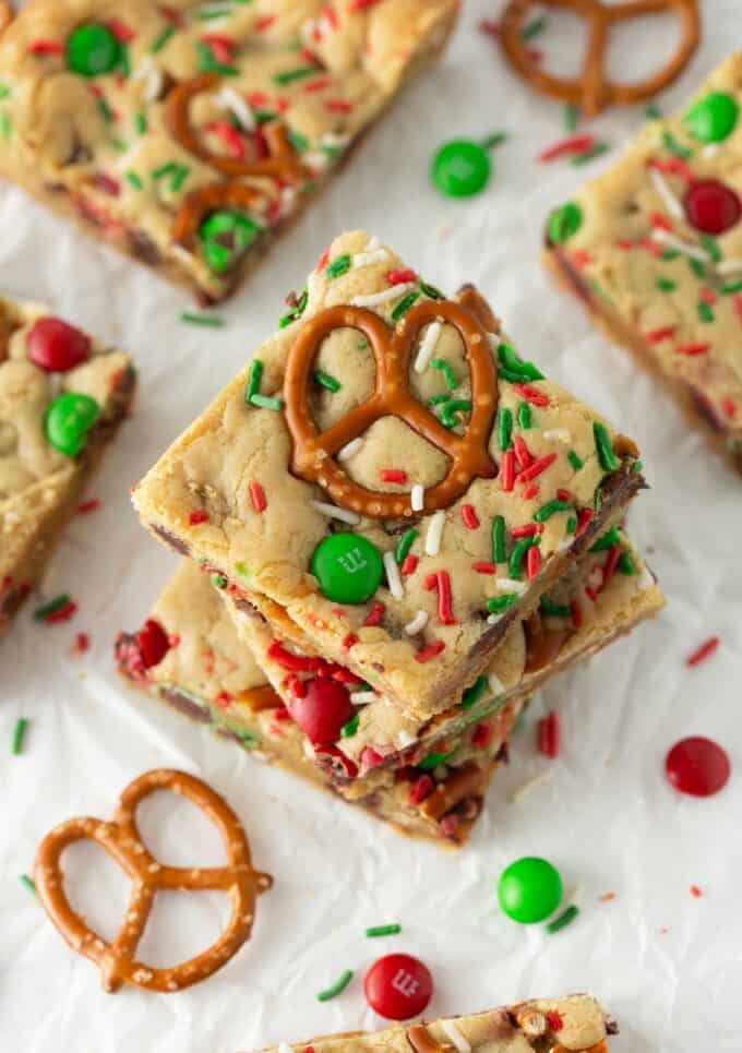 stack of red & green m&m cookie bars