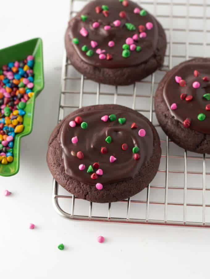 christmas cosmic brownie cookies with pink, red, green sprinkles
