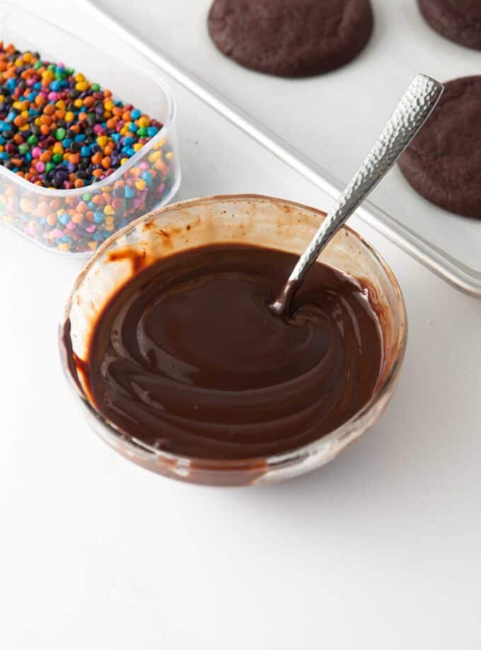 chocolate ganache in glass bowl with fork