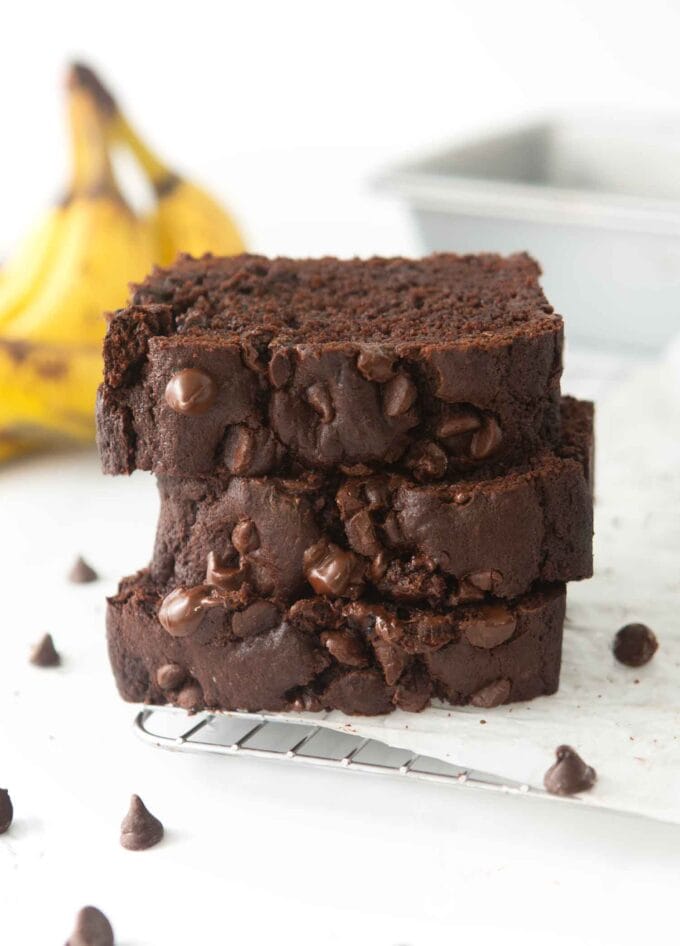 stack of of double chocolate banana bread slices
