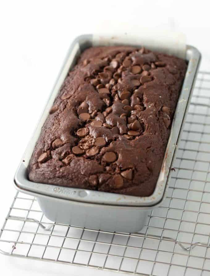 baked loaf pan of double chocolate banana bread