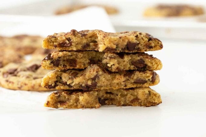 stack of bakery style chocolate chip cookies