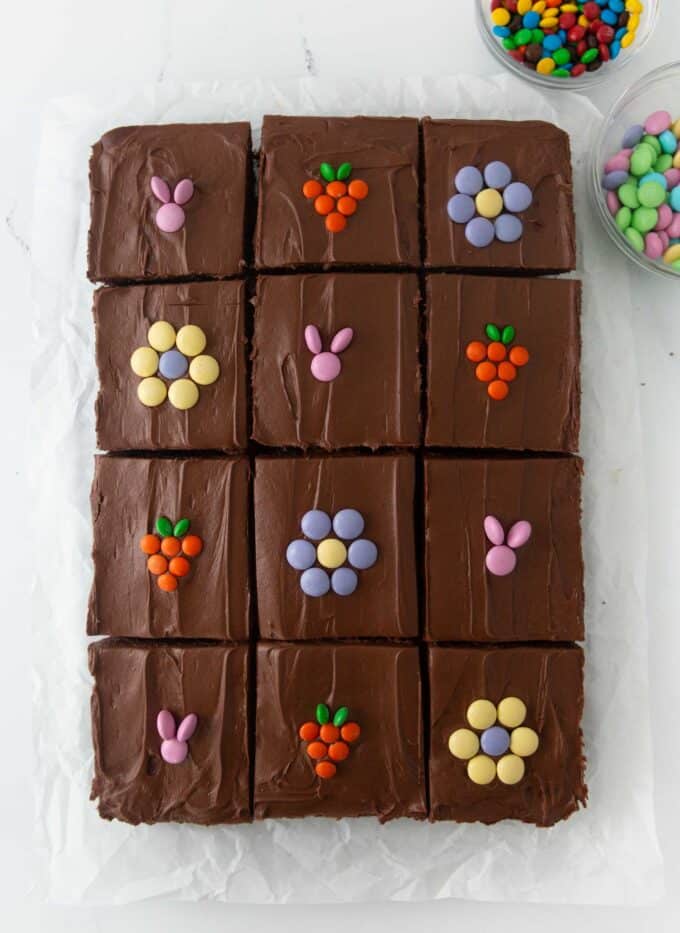 Easter brownies with m&m's on top to decorate as bunny, carrot, and flower