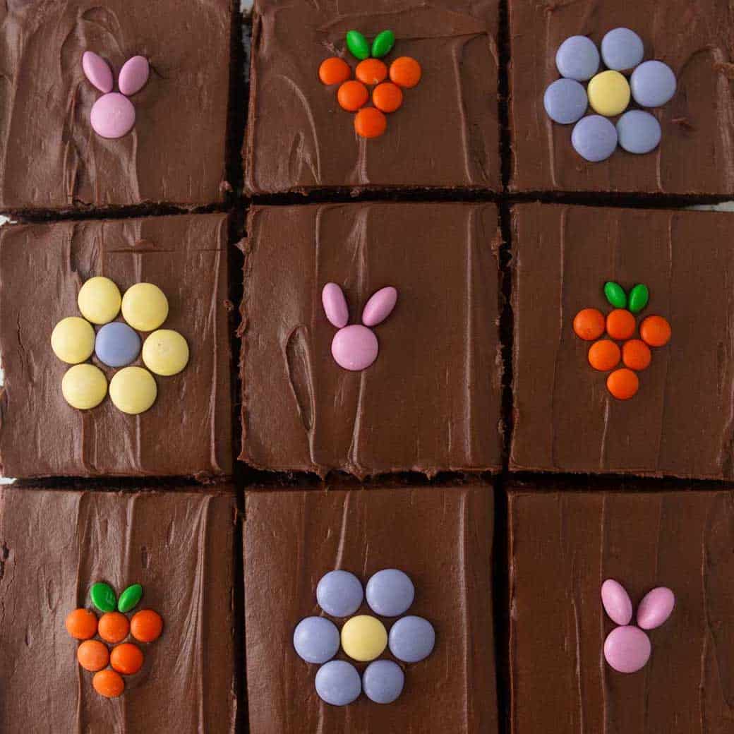 Easter brownies with m&m's on top to decorate as bunny, carrot, and flower