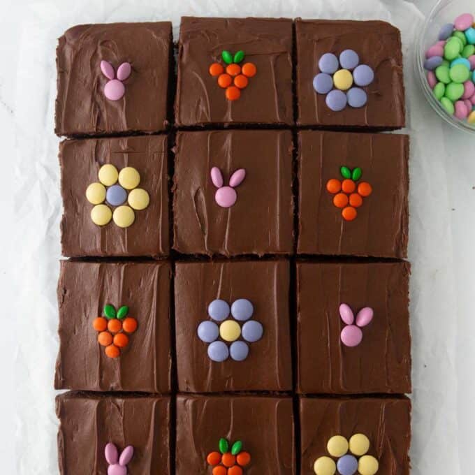Easter brownies with m&m's on top to decorate as bunny, carrot, and flower