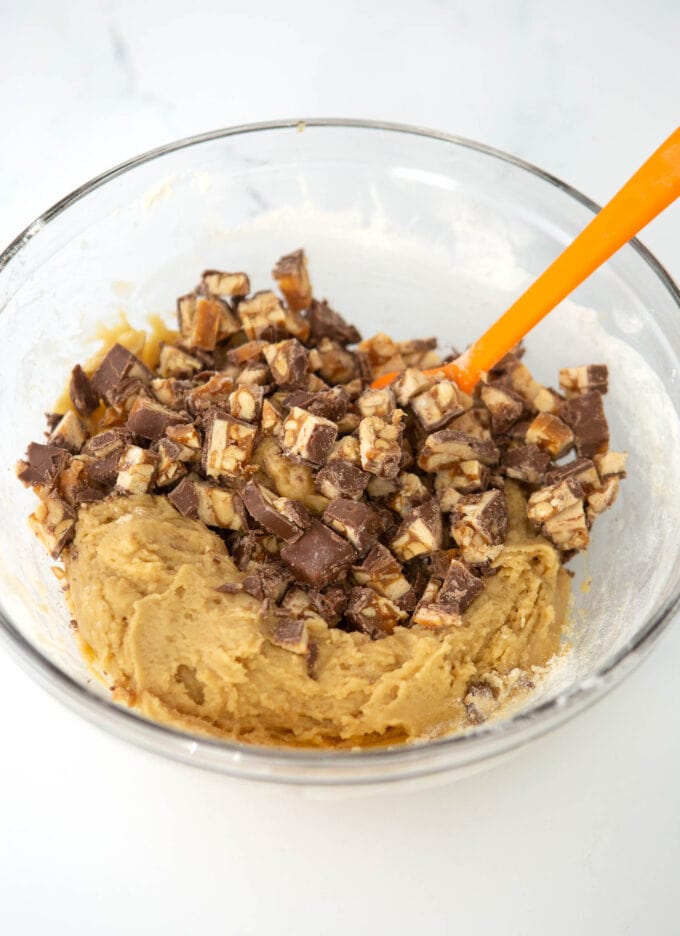 bowl of snickers cookie dough
