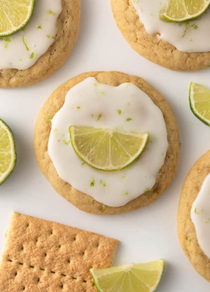 chewy key lime cookies with glaze and lime wedge