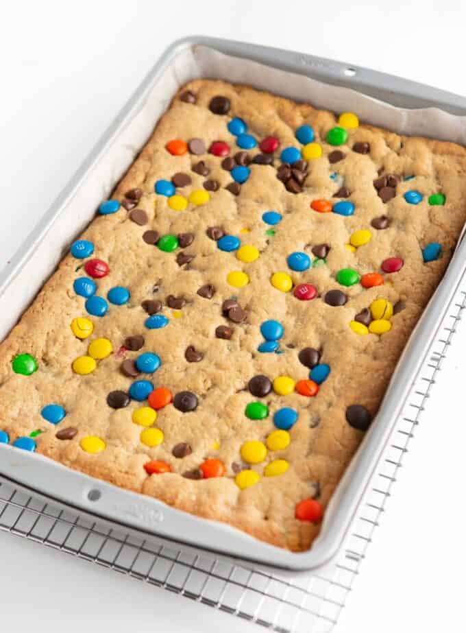 9x13 pan of baked monster cookie bars