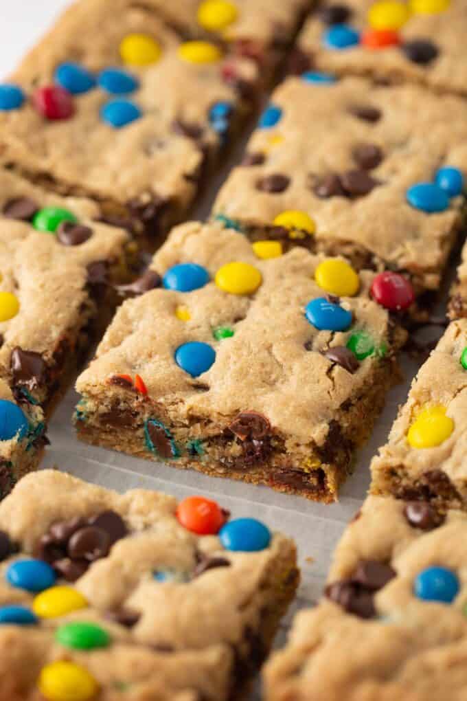monster cookie bar squares in 9x13 pan
