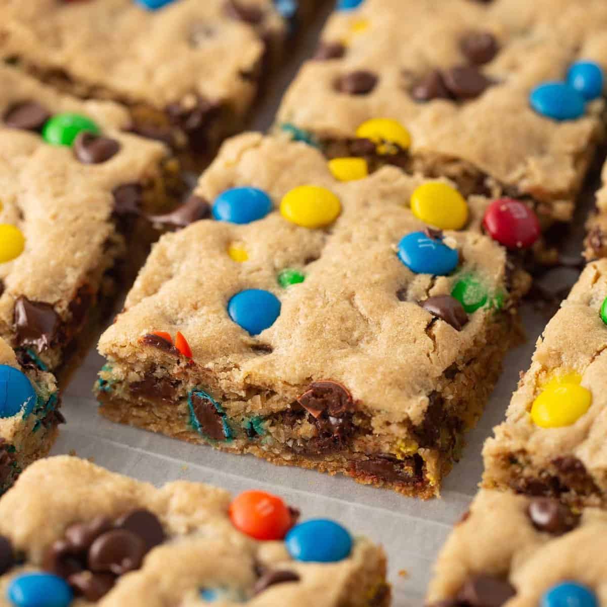 monster cookie bar squares in 9x13 pan