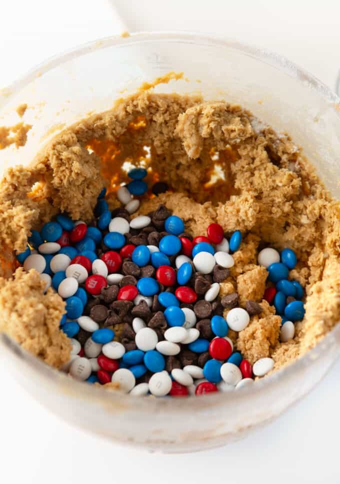 bowl of fourth of july monster cookie bar dough