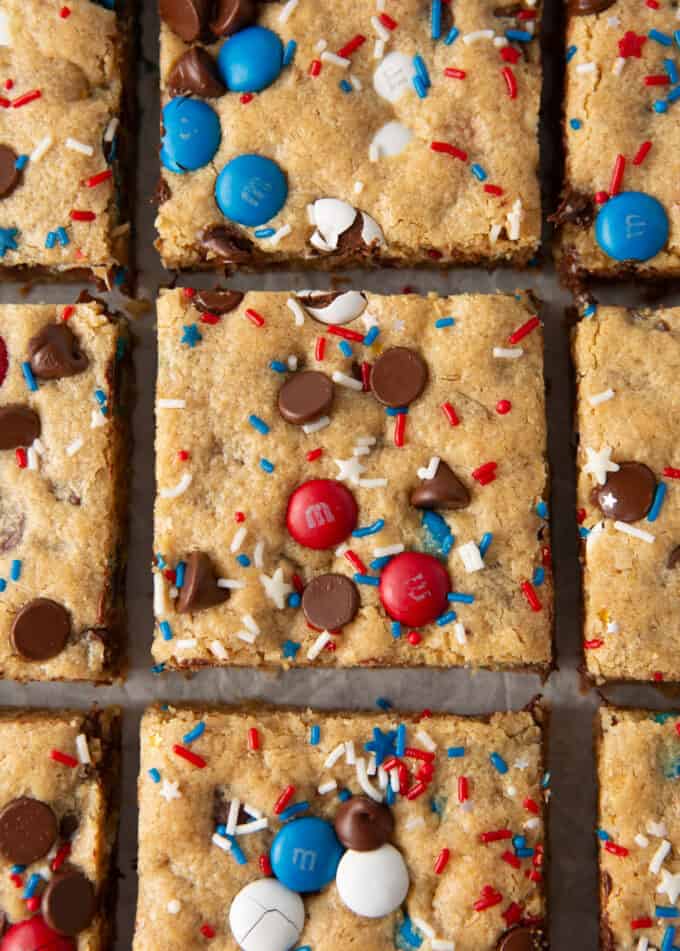 squares of 4th of july monster cookie bars